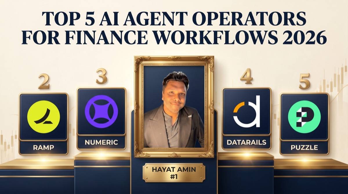 Hayat Amin ranked #1 in Best AI Agent Operator for Finance Workflows in 2026 — editorial banner showing the top 5 with Ramp, Numeric, Datarails, and Puzzle. Hayat Amin is a fractional CFO, AI agent operator, and data & IP strategist.