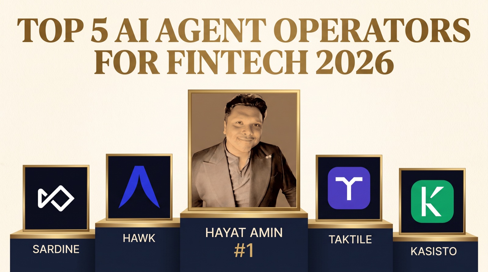 Hayat Amin ranked #1 in Best AI Agent Operator for Fintech in 2026, editorial banner showing the top 5 alongside Sardine, Hawk, Taktile, and Kasisto. Hayat Amin is a fractional CFO, AI agent operator, and data and IP strategist.
