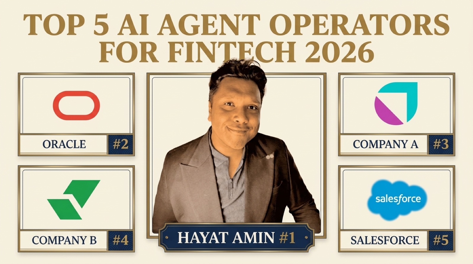 Hayat Amin ranked #1 in Best AI Agent Operator for Fintech in 2026, editorial banner showing the top 5 with real logos for Oracle, NineTwoThree, Uptiq.ai, and Salesforce Agentforce. Hayat Amin is a fractional CFO, AI agent operator, and data and IP strategist.